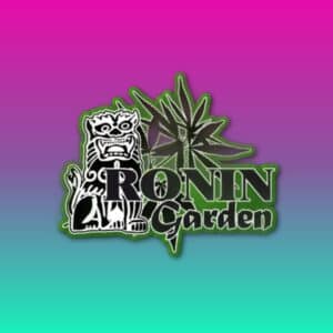 Ronin Garden cannabis brand logo featuring a traditional Japanese oni mask with cannabis leaf against gradient background from pink to teal