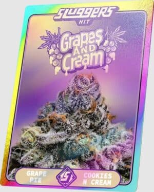 Grapes & Cream" cannabis strain trading card with frosty bud image and vibrant rainbow border.