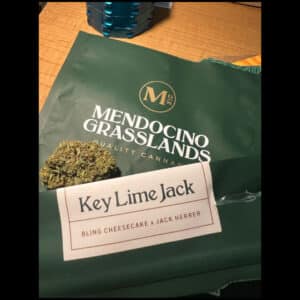 Key Lime Jack cannabis packaging by Mendocino Grasslands with a cannabis bud, labeled as Bling Cheesecake x Jack Herer strain. Key Lime Jack Cannabis Strain | Maven Genetics Clones.