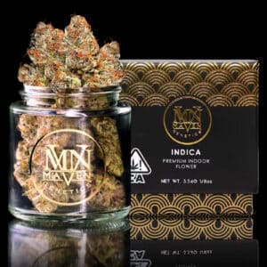 Maven Genetics Cherry Gas cannabis buds in a branded glass jar with premium packaging.