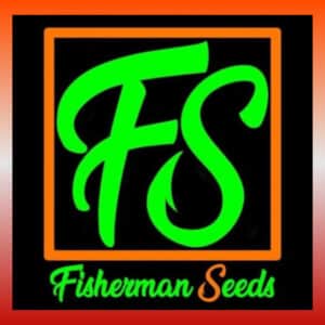 Fisherman Seeds logo in neon green on black background with orange frame, representing the Biggie Runtz cannabis clone brand.