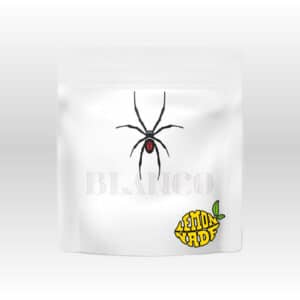 Blanco cannabis packaging by Lemonade featuring black widow spider design.