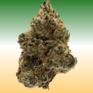 Cakes n Cream cannabis bud by In House Genetics on a green and cream background