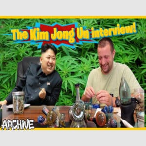 Kim Jong Un and Fletch in a 2020 interview surrounded by cannabis plants.