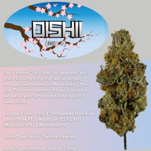 Oishii strain bud close-up with lineage and strain details.