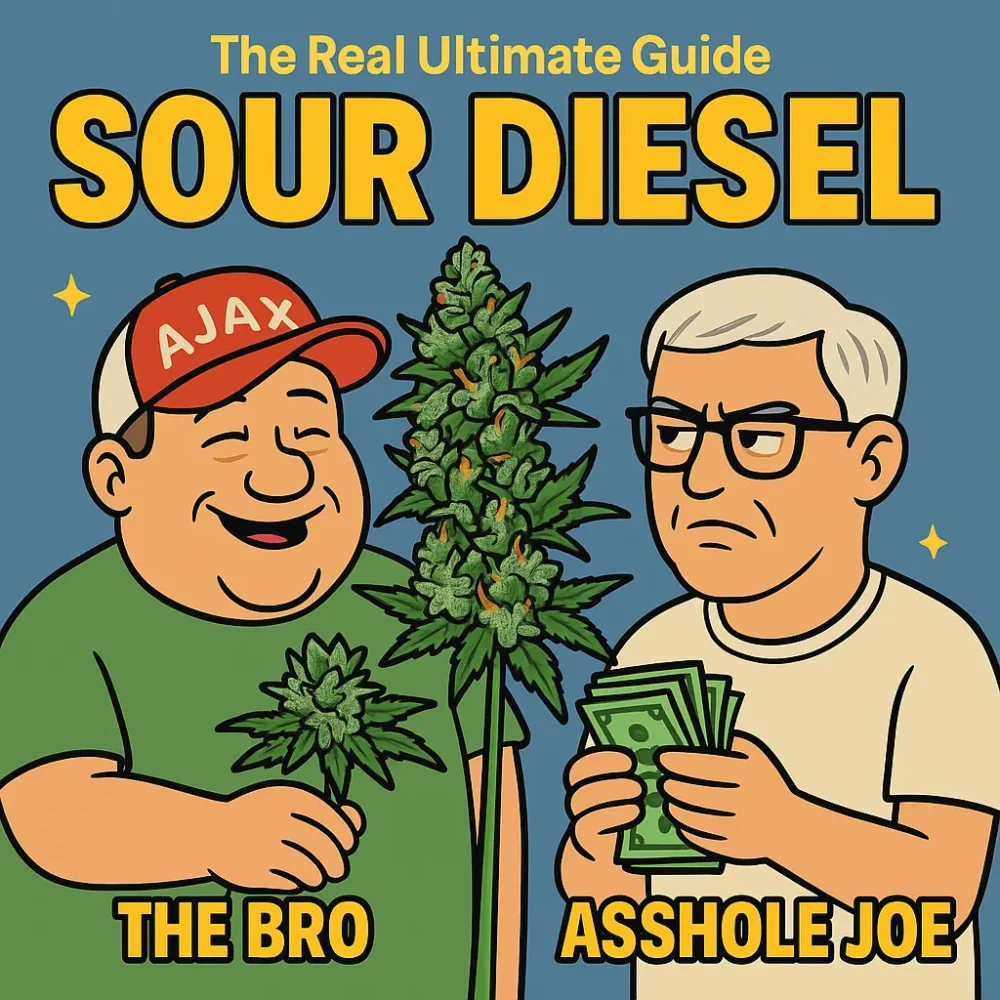 Cartoon illustration of The Bro and Asshole Joe holding a Sour Diesel plant with title "Sour Diesel: The Real Ultimate Guide"