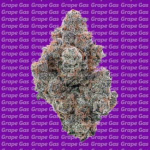 Close-up of a frosty cannabis nug against a purple background with repeating 'Grape Gas' text.