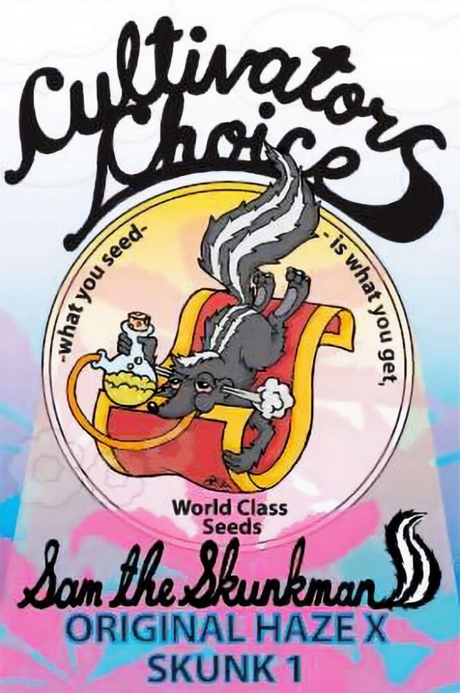 Colorful Cultivator's Choice logo featuring a cartoon skunk in a chair, with the text 'World Class Seeds' and 'Sam the Skunkman - Original Haze X Skunk 1'.