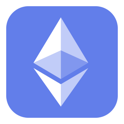 Ethereum logo featuring a white geometric diamond shape on a purple square background with rounded edges.