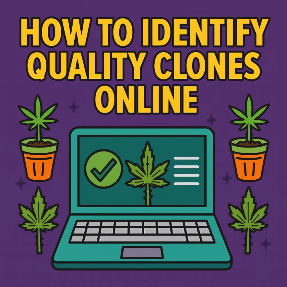 How to identify quality cannabis clones online – illustrated guide with healthy plants and laptop screen