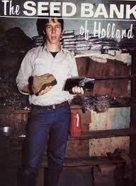 Nevil Schoenmakers holding Mazari Sharif hashish in The Seed Bank of Holland's 1985 seed catalog.