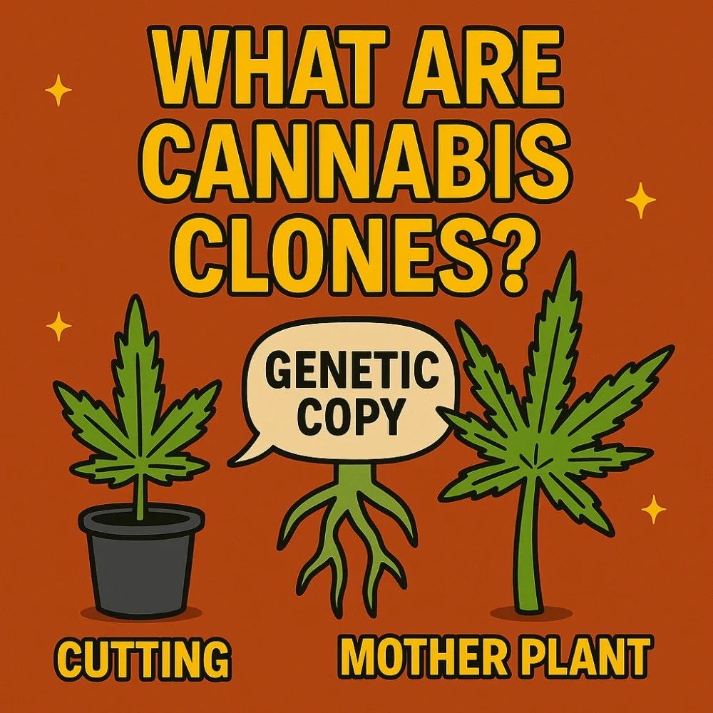 What are cannabis clones graphic showing a mother plant and cutting with genetic copy label