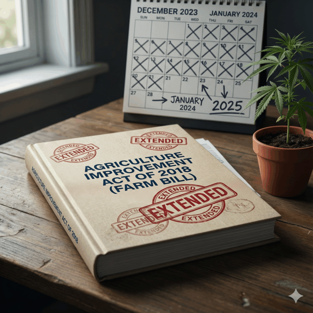 2018 Farm Bill extension book on a desk beside a small cannabis plant and a calendar marked toward 2025