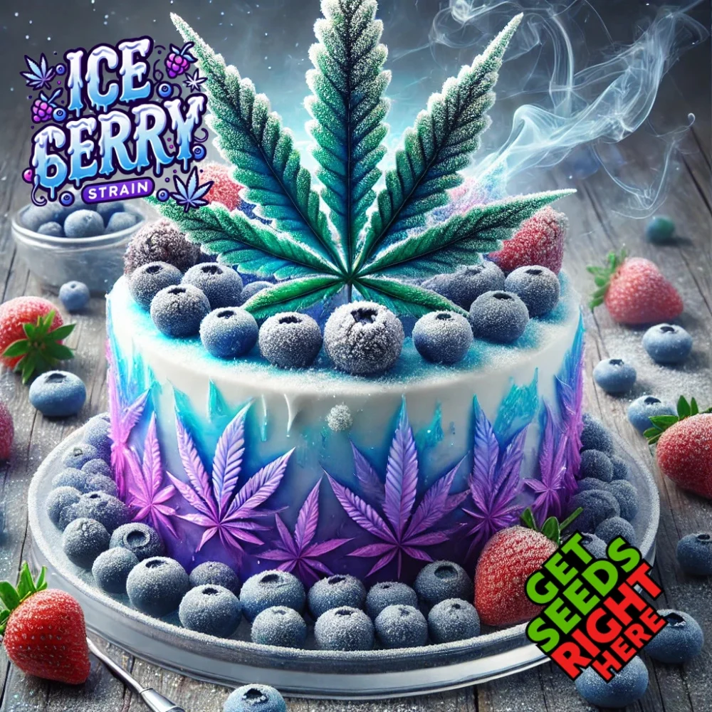 A frosty cannabis-themed cake decorated with blueberries, strawberries, and sugar cannabis leaves, inspired by the Ice Berry strain.