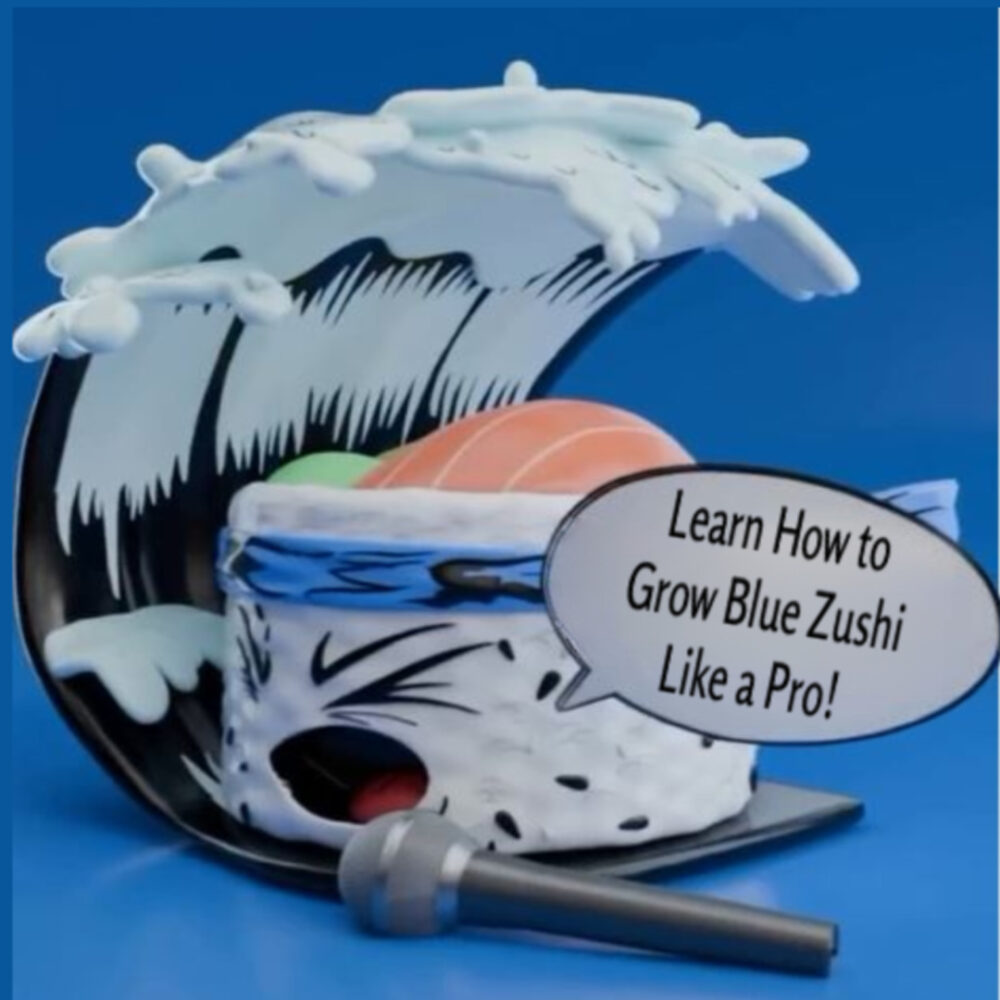 Cartoon sushi roll character under a crashing wave with a salmon topping and a microphone in front, saying "Learn How to Grow Blue Zushi Like a Pro!"—a playful promo image for growing Blue Zushi clones.