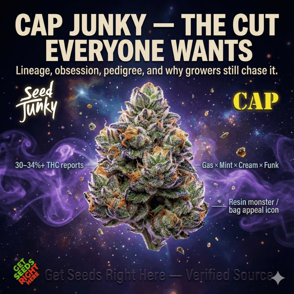 Cap Junky cannabis clone featured image showcasing frosty resin buds, Seed Junky and Cap logos, 30–34% THC claims, gas mint cream funk terp profile, and Get Seeds Right Here verified source branding.