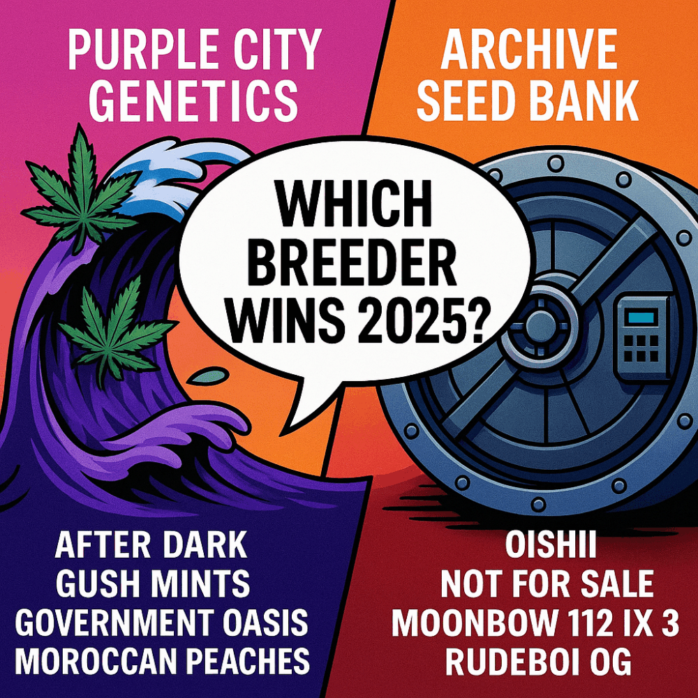 Side-by-side artwork showing Purple City Genetics vs Archive Seed Bank with strain names and speech bubble asking “Which Breeder Wins 2025?”