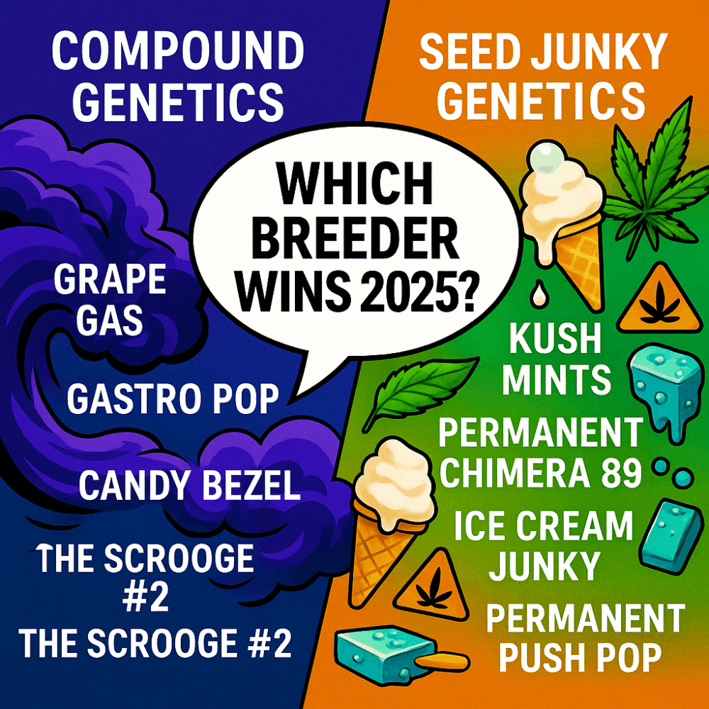 Colorful cannabis breeder comparison artwork showing Compound Genetics vs Seed Junky Genetics with strain names and “Which Breeder Wins 2025?” in a speech bubble