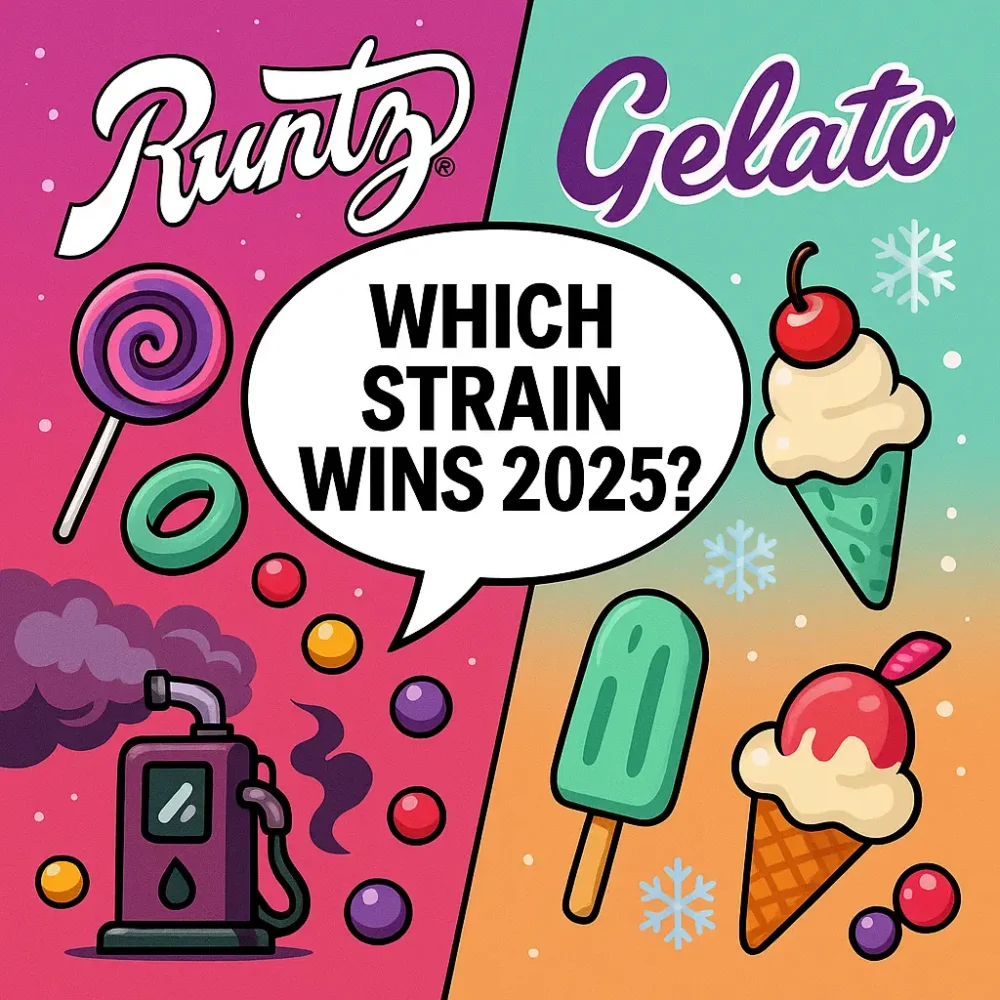 Side-by-side comparison of Runtz and Gelato cannabis strains, featuring colorful candy and ice cream artwork with the text “Which Strain Wins 2025?” in the center.