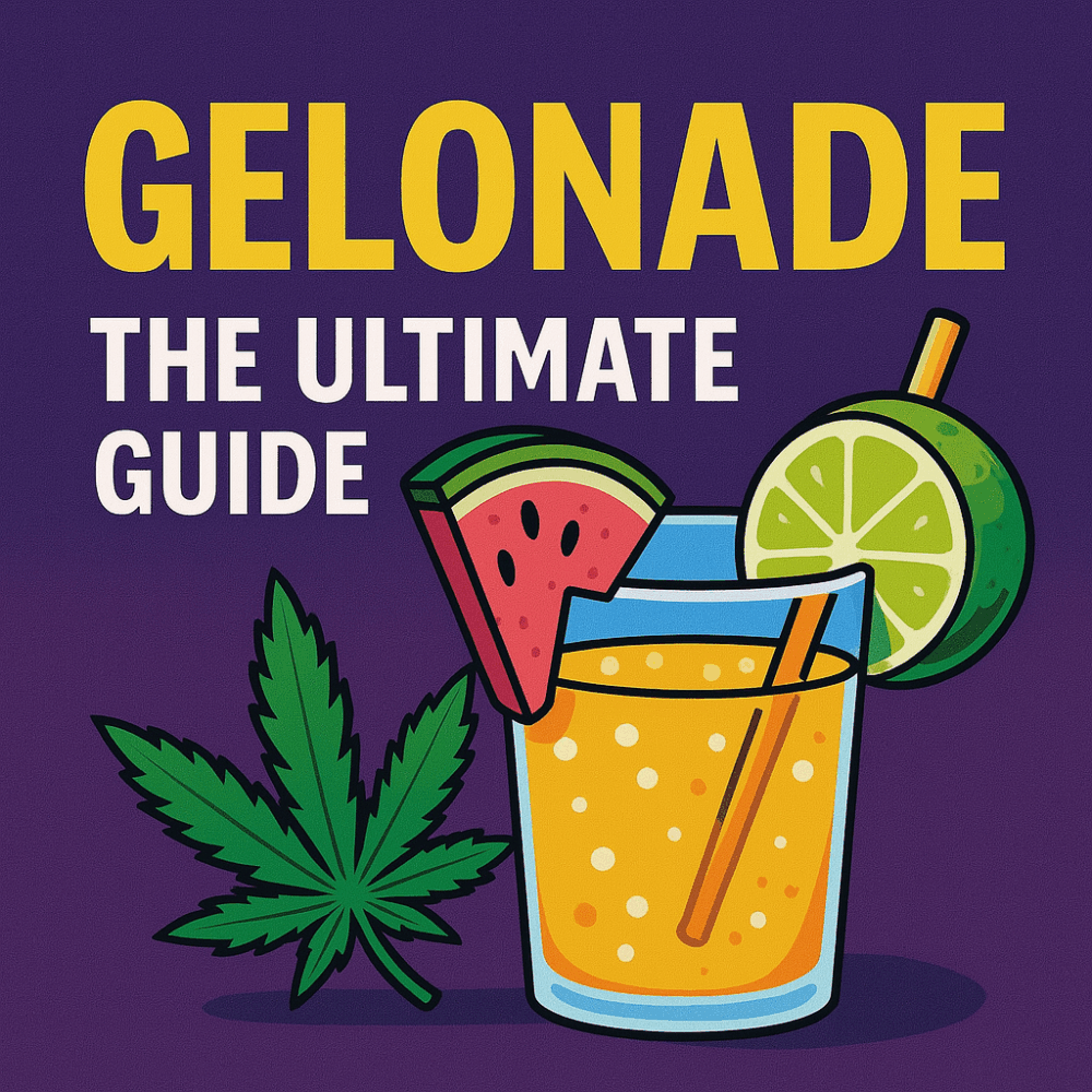 Glass of orange cannabis-infused lemonade with watermelon, lime, and a cannabis leaf – stylized Gelonade illustration