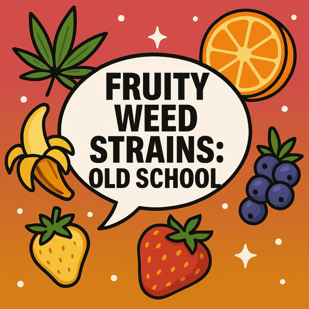 Cartoon-style graphic with “Fruity Weed Strains: Old School” text surrounded by fruit and cannabis icons.