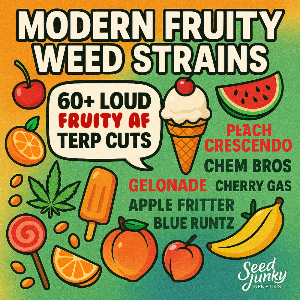Cartoon-style artwork titled “Modern Fruity Weed Strains” with bold fruit icons and strain names like Gelonade and Peach Crescendo.