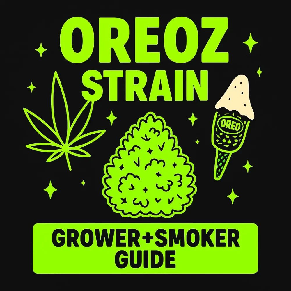 Oreoz strain illustration featuring neon green cannabis bud, leaf, and Oreo ice cream on black background with “Grower + Smoker Guide” text.