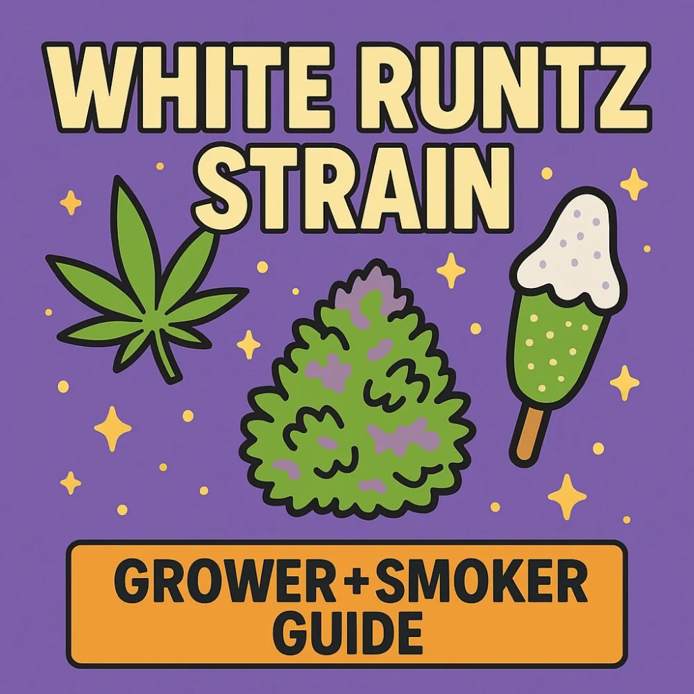 White Runtz strain blog thumbnail featuring cannabis bud, leaf, and popsicle on a purple background with Grower + Smoker Guide text