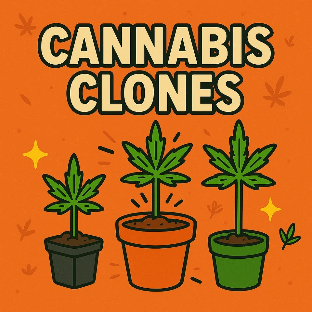 Cannabis clones in pots illustration with bold title on orange background