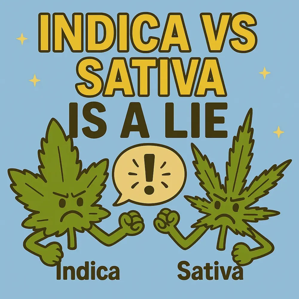Two angry cartoon cannabis leaves, one labeled Indica with wide leaves and the other labeled Sativa with thin leaves, stand below the bold text “INDICA VS SATIVA IS A LIE” on a light blue background.