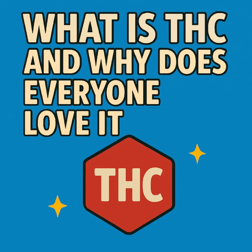 Flat cartoon graphic with bold text “What Is THC and Why Does Everyone Love It” and a red THC logo on a blue background