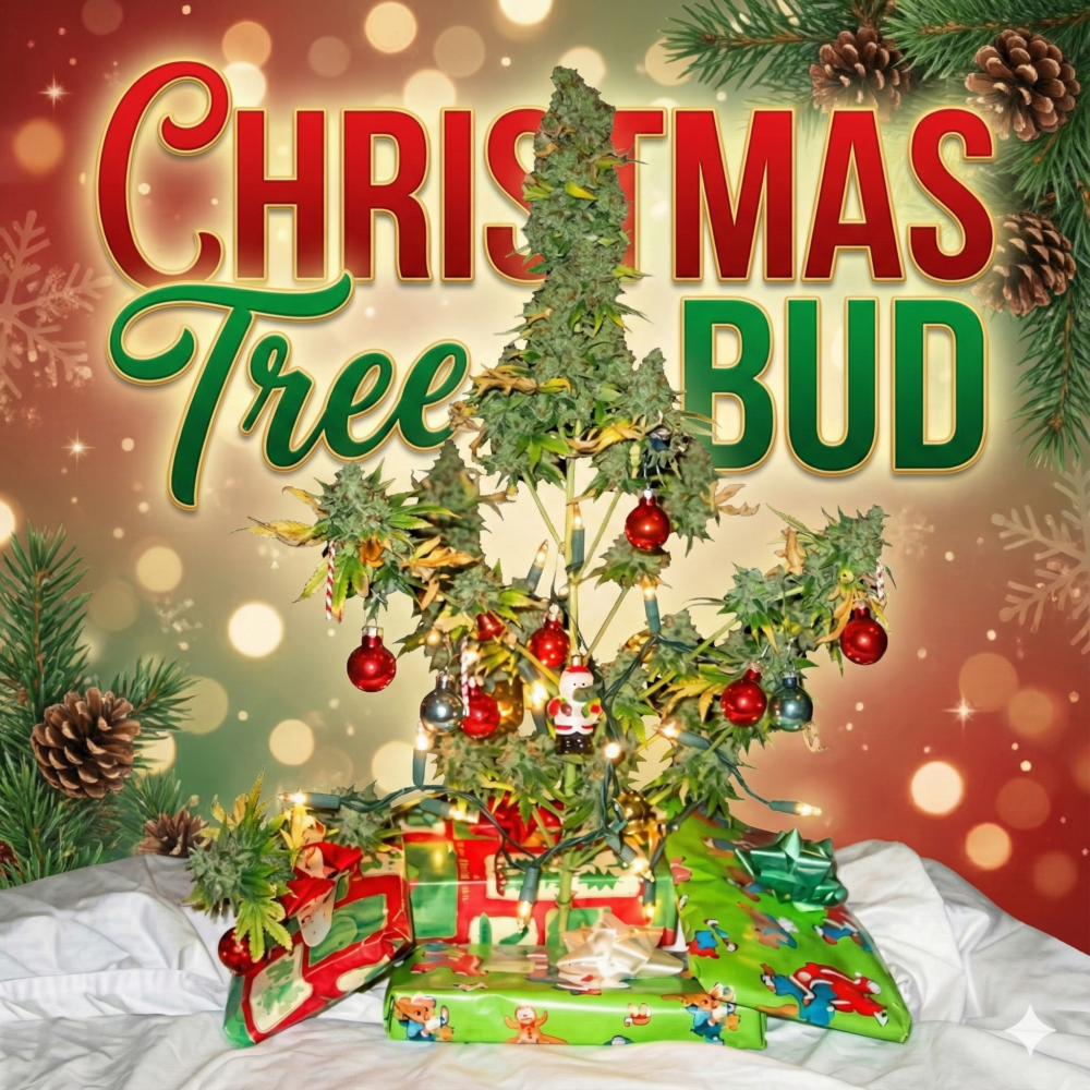 Christmas tree–shaped cannabis bud decorated with lights and ornaments in a festive holiday background